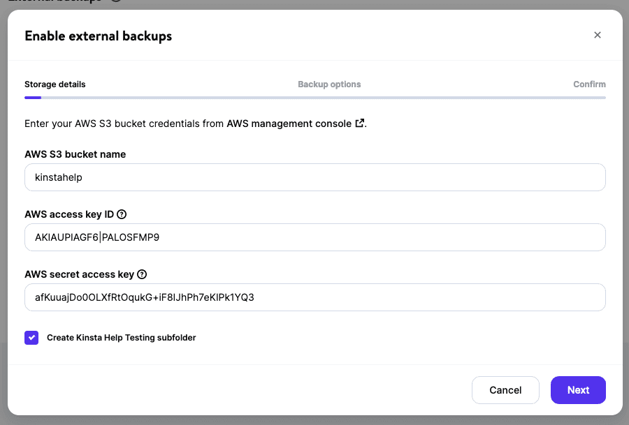 Add your AWS credentials in MyKinsta.