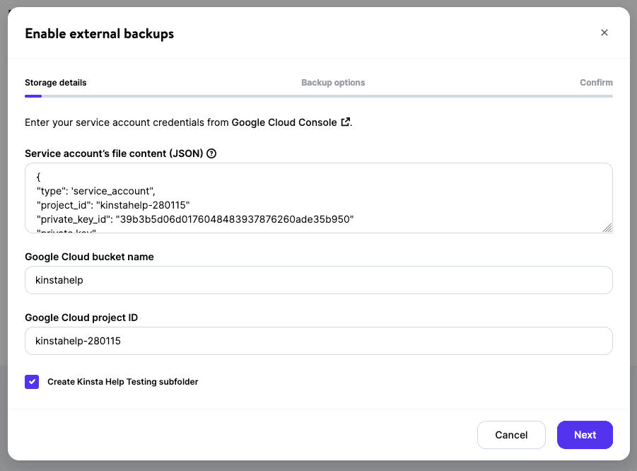 Add your GCP credentials in MyKinsta.
