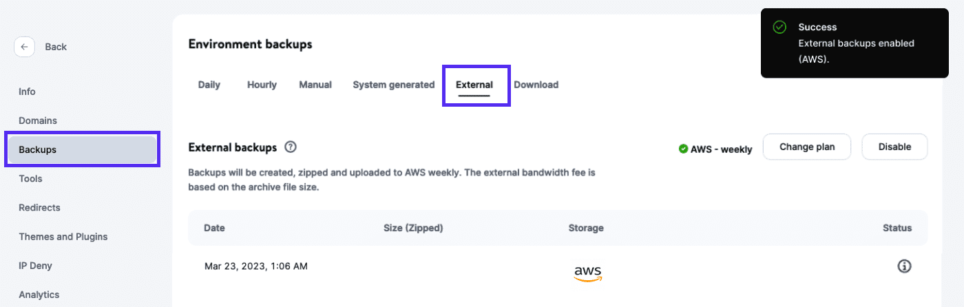 Amazon S3 external backup add-on.
