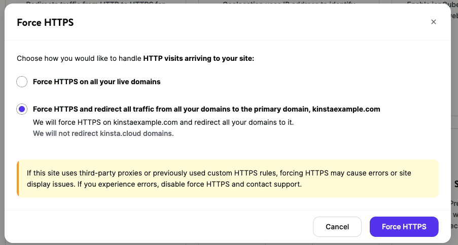 Choose how you would like to handle HTTP visits and confirm enabling Force HTTPS.