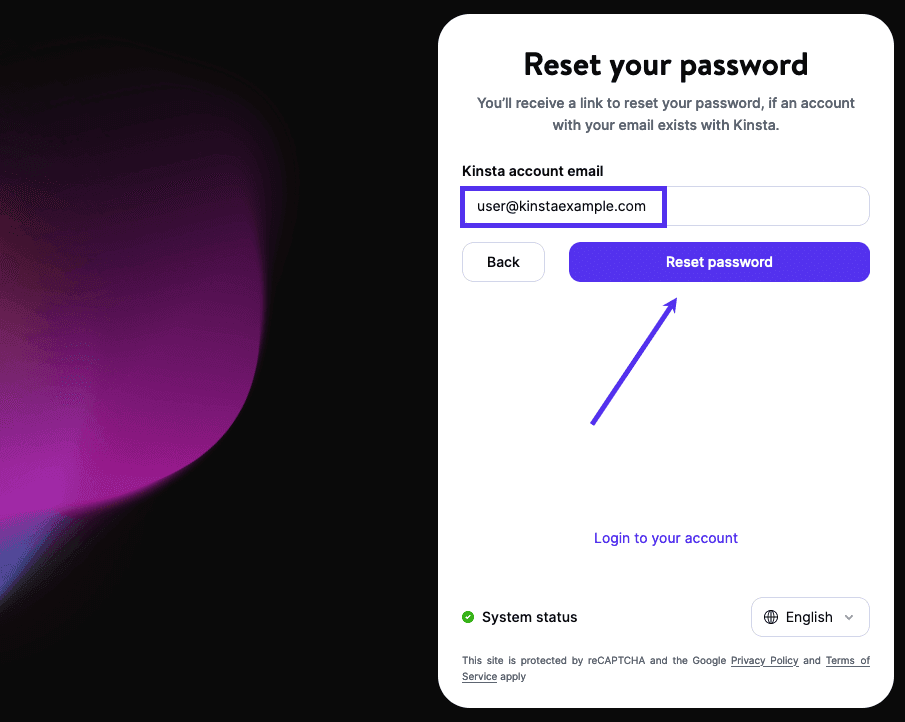 Enter your email address in the password reset modal/pop-up.