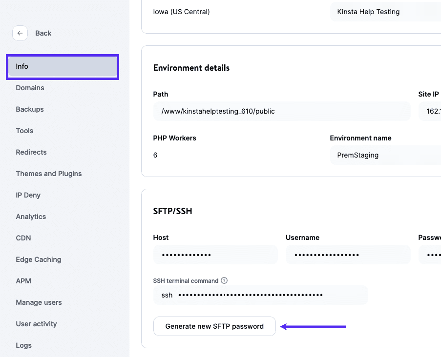 Change SFTP password in MyKinsta.