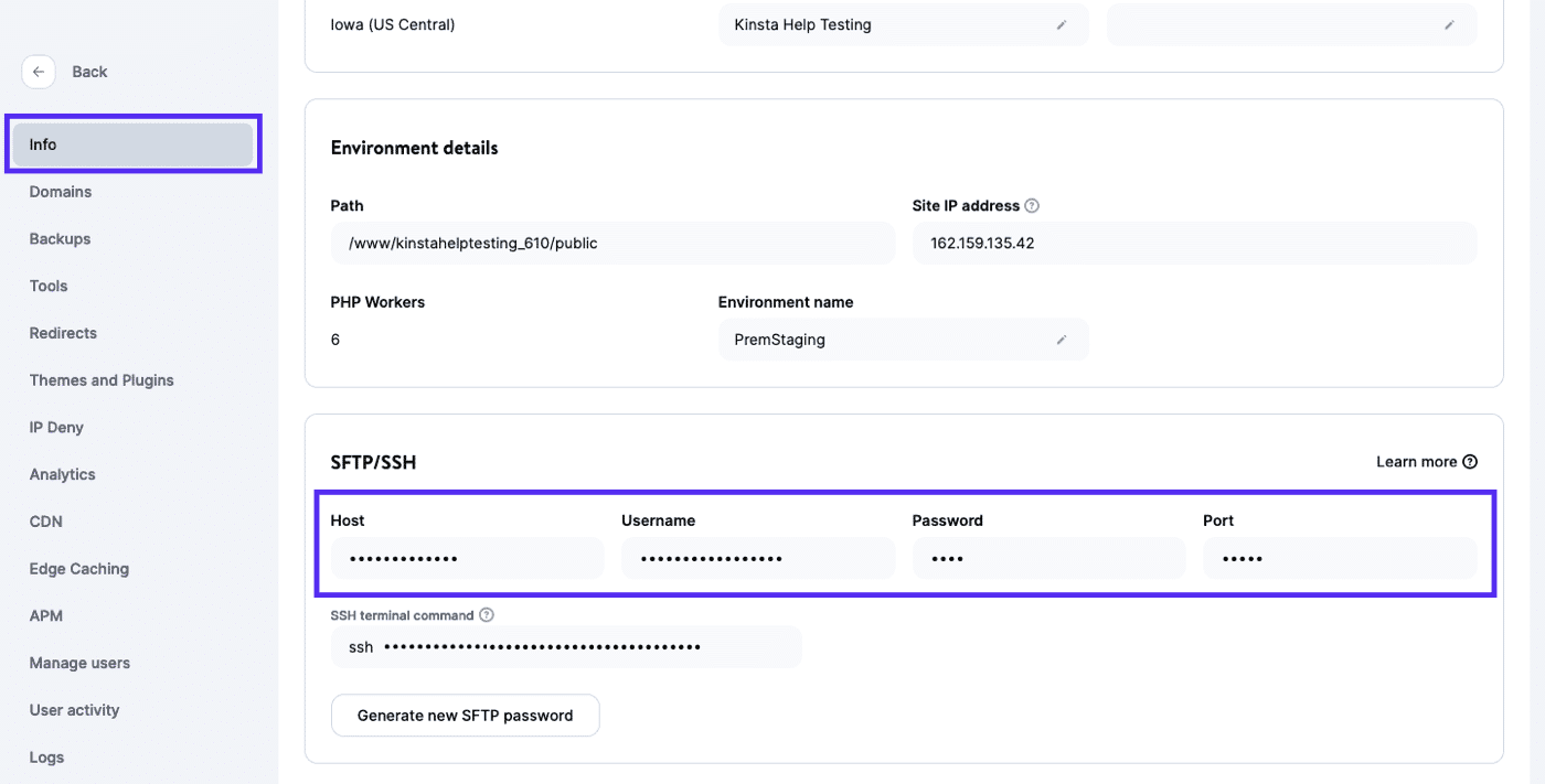 SFTP and SSH details in MyKinsta.