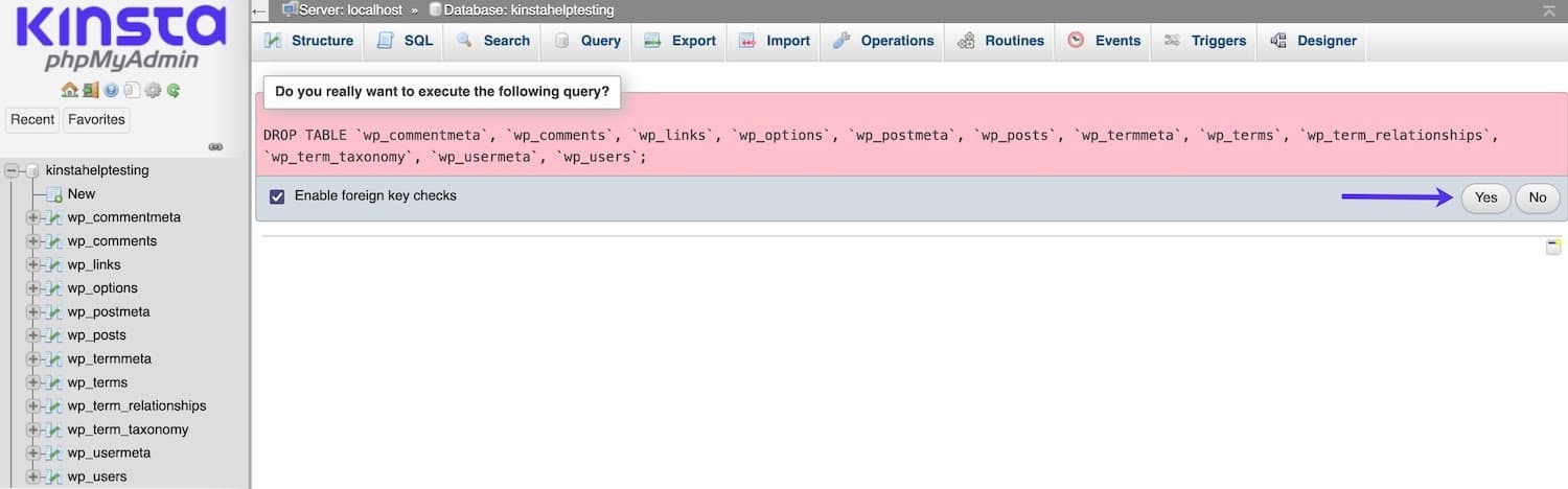 Confirm you want to run the query to drop tables in phpMyAdmin.