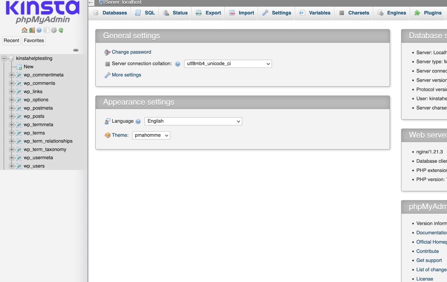 Viewing your database in phpMyAdmin.