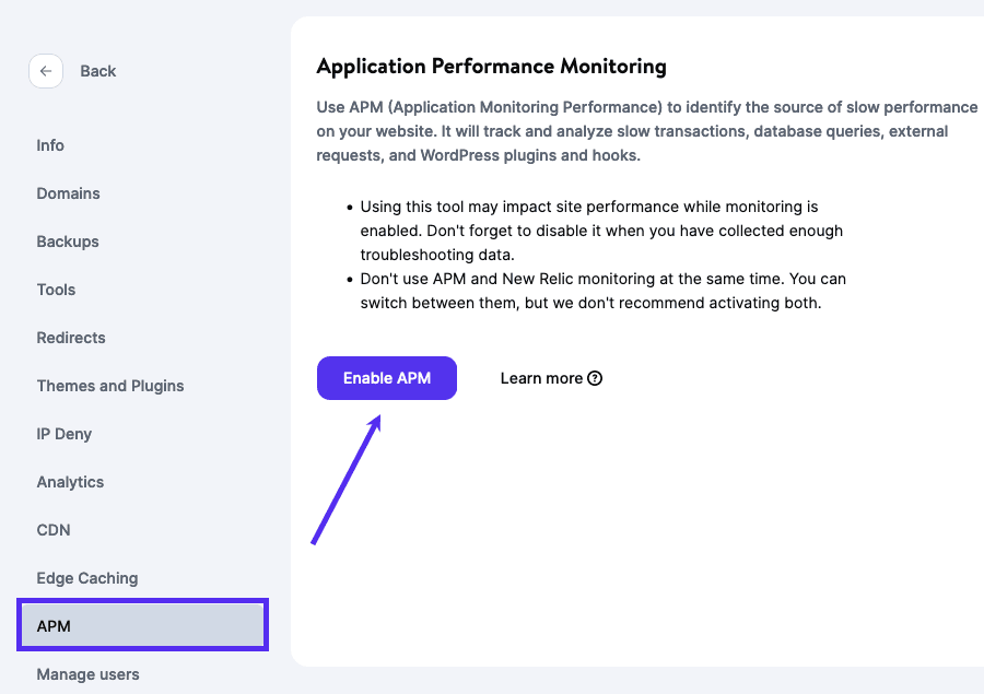 Click the Enable APM button to enable it in MyKinsta.
