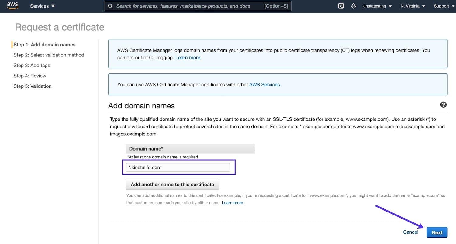 Add your custom domain to the SSL certificate request in AWS Certificate Manager.