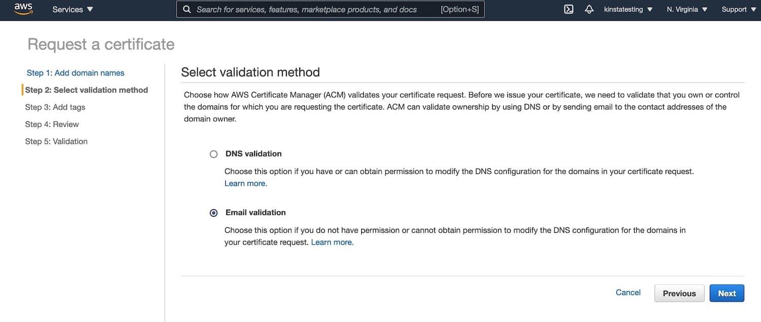 Initiate email validation for AWS SSL certificate.