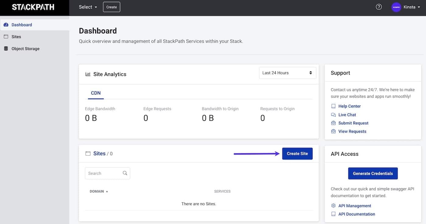 Click the Create Site button in StackPath to start connecting your site.