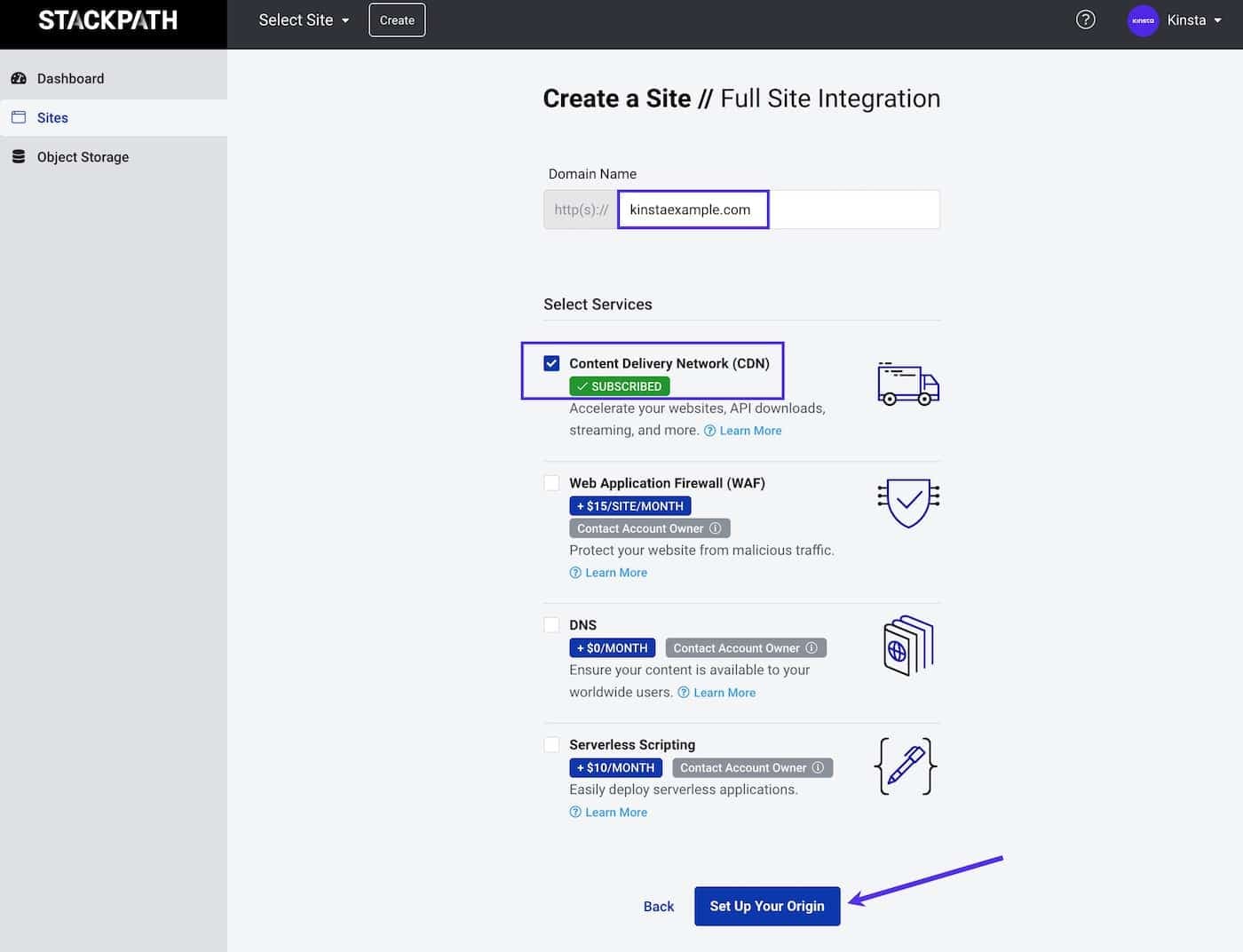 Enter your domain and select your services for Full Site Integration.