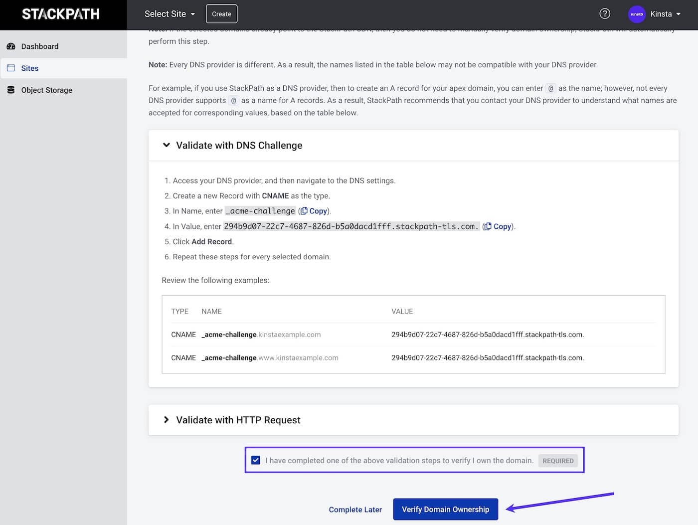 Confirm DNS record has been added and verify domain ownership.