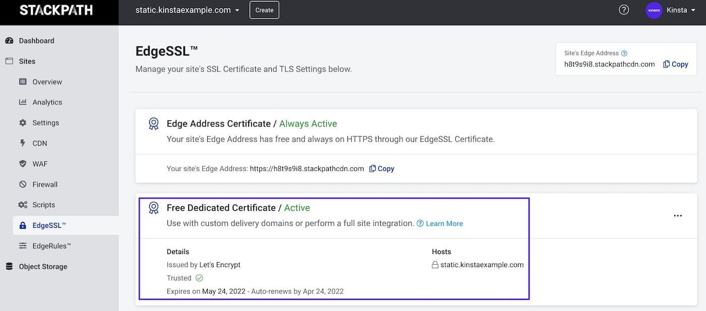 Free Dedicated Certificate active at StackPath.