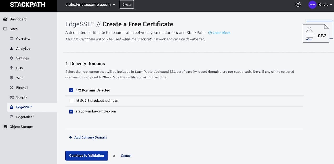 Select your subdomain and continue to validation.