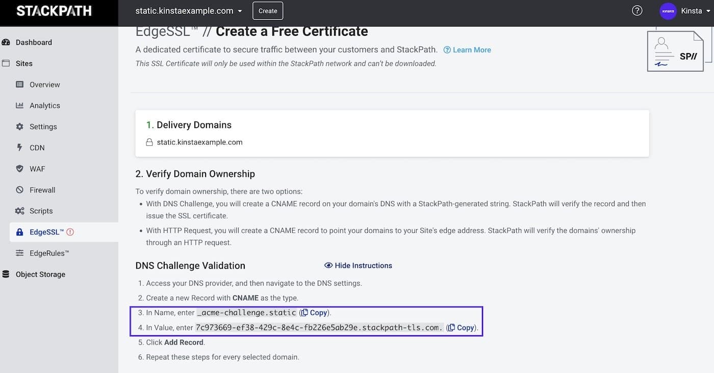 Copy the name and value for the CNAME to verify domain ownership.