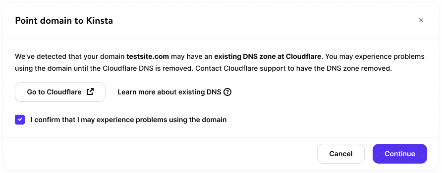 Warning in MyKinsta that the domain may have an existing DNS zone at Cloudflare.
