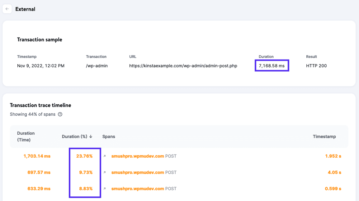 Viewing all requests to smushpro.wpmudev.com in a transaction trace timeline.
