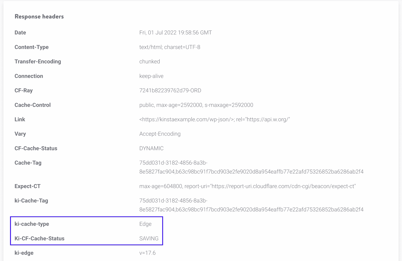 Kinsta Edge Cache headers, ki-cache-type and Ki-CFCache-Status, in HTTP status and redirect checker.
