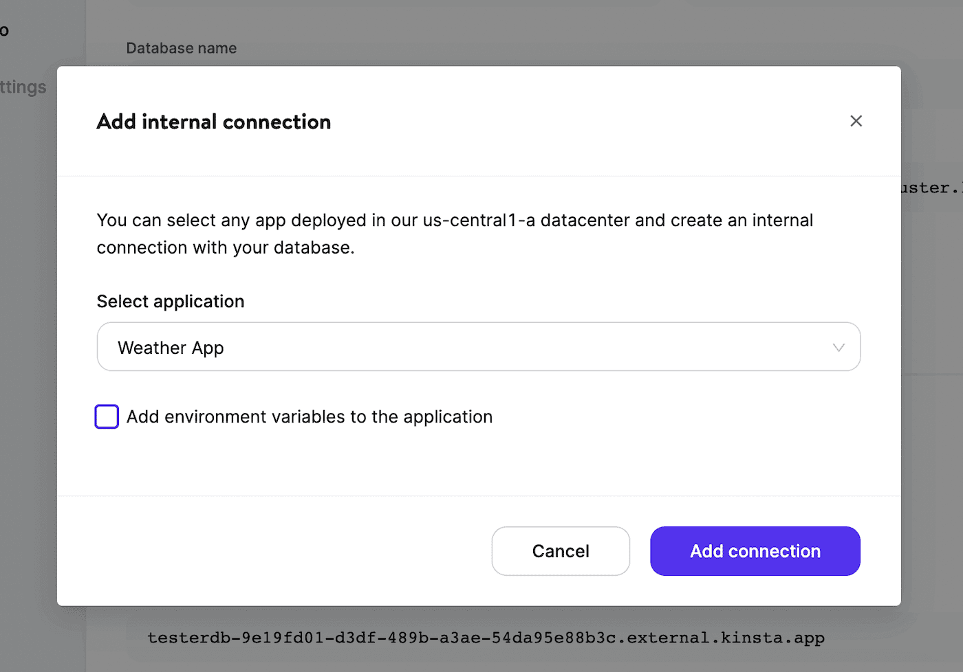 Add an internal connection from a database to an application in MyKinsta.