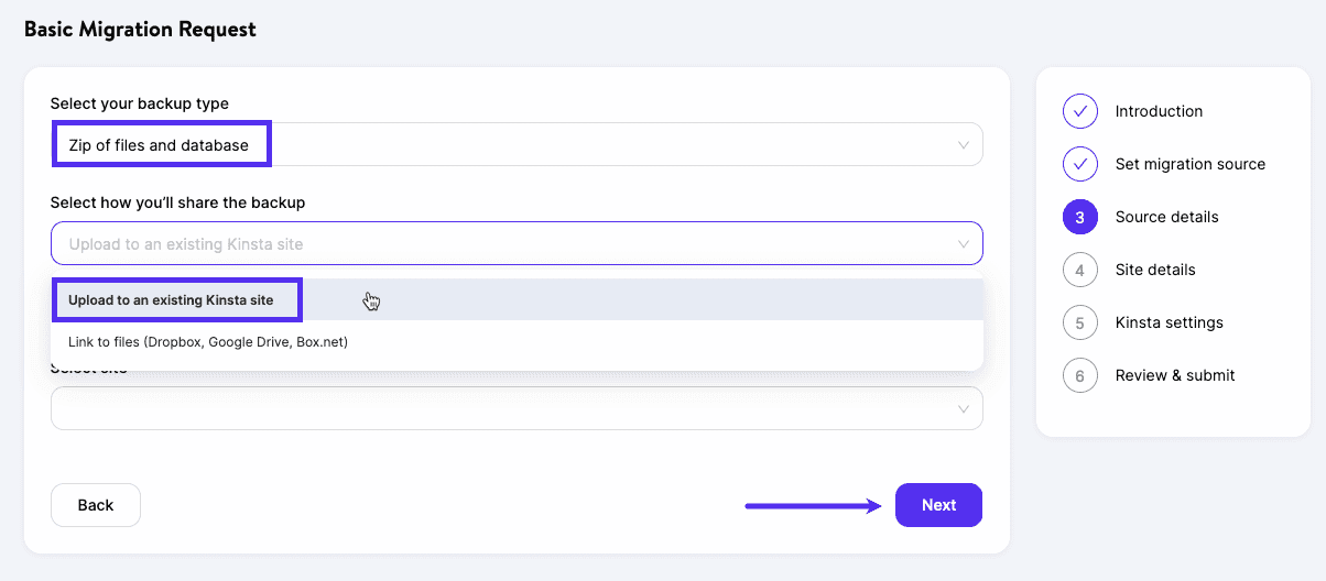 Option to upload your backup to an existing Kinsta site.
