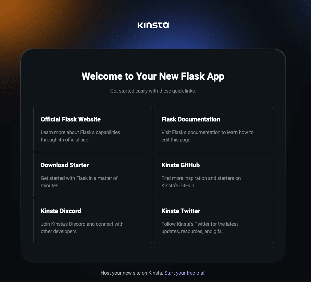 Kinsta Welcome page after successful deployment of Flask.