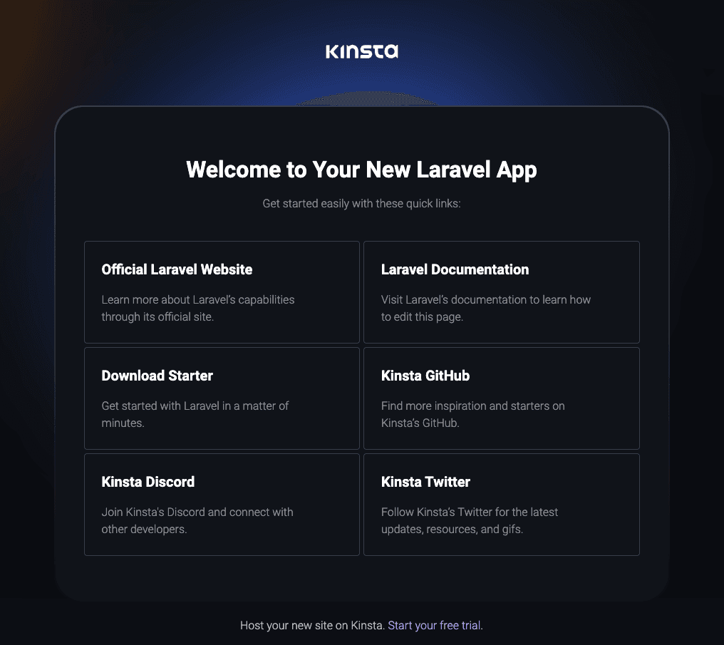 Kinsta Welcome page after successful deployment of Laravel.
