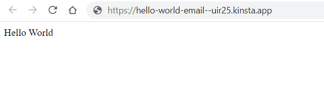 Node.js email sending Hello World page after successful installation.