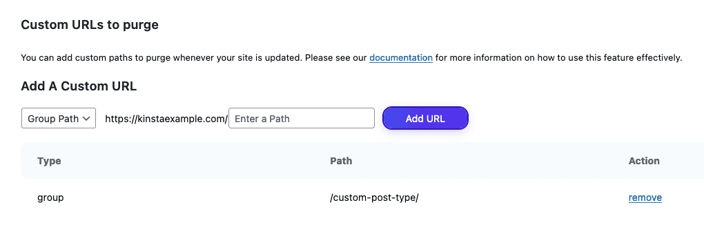 Custom URL group path in Kinsta Cache.