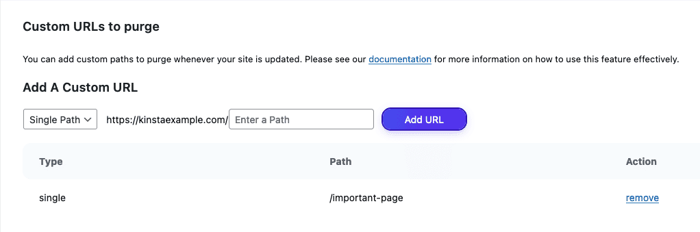 Custom URL single path in Kinsta Cache.