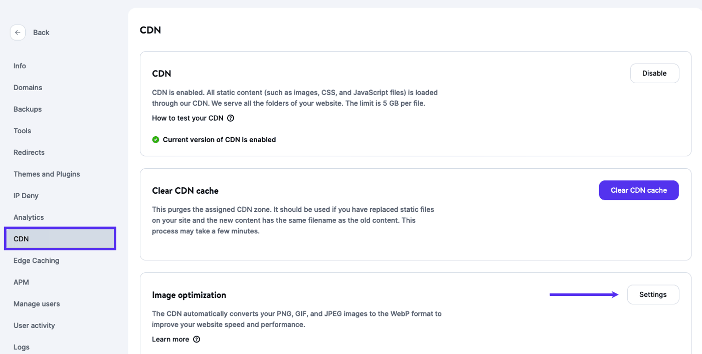 Image optimization settings in MyKinsta.