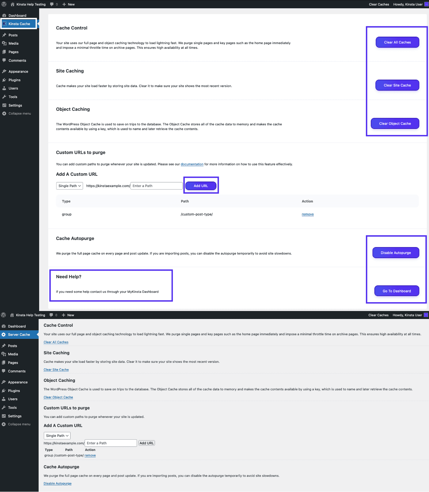 Before and after white labeling the Kinsta MU plugin in your WordPress dashboard.
