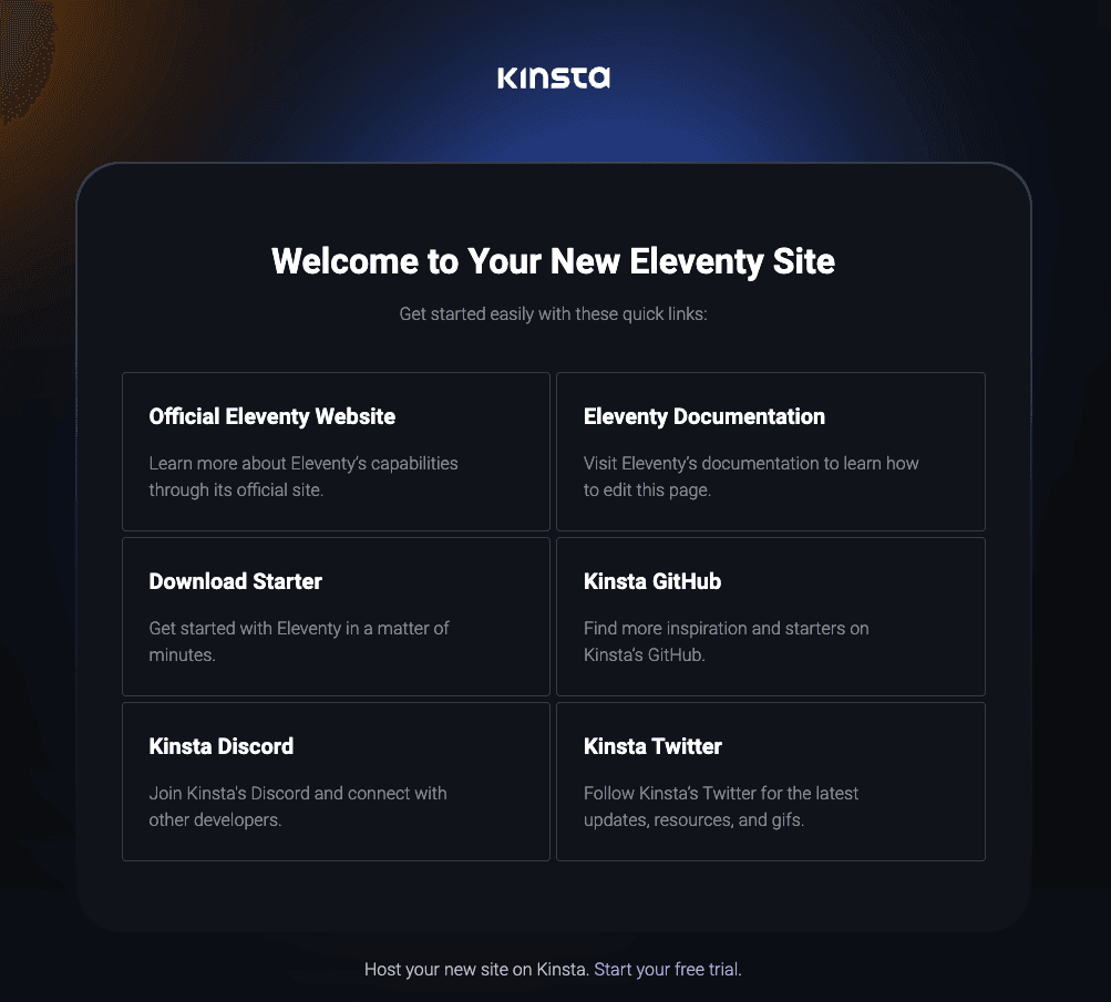 Kinsta Welcome page after successful deployment of Eleventy.