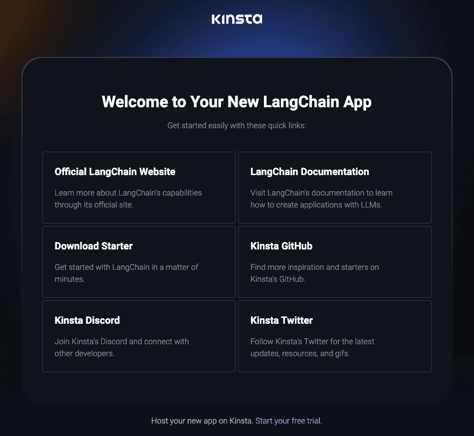 Kinsta Welcome page after successful installation of LangChain.