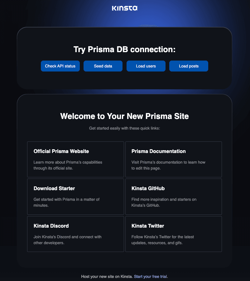 Kinsta Welcome page after successful installation of Next.js and Prisma.