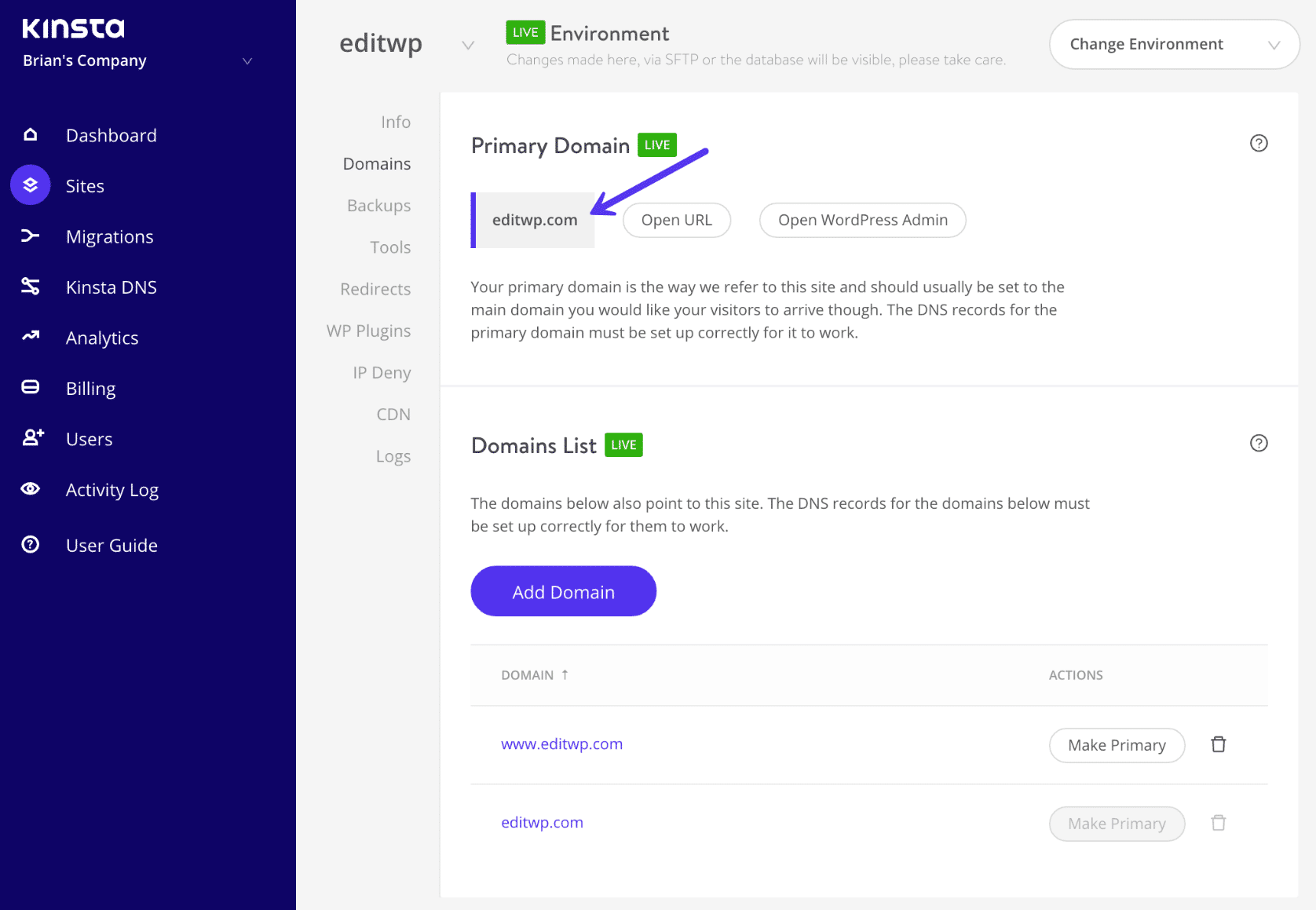 Füge Domains in MyKinsta hinzu