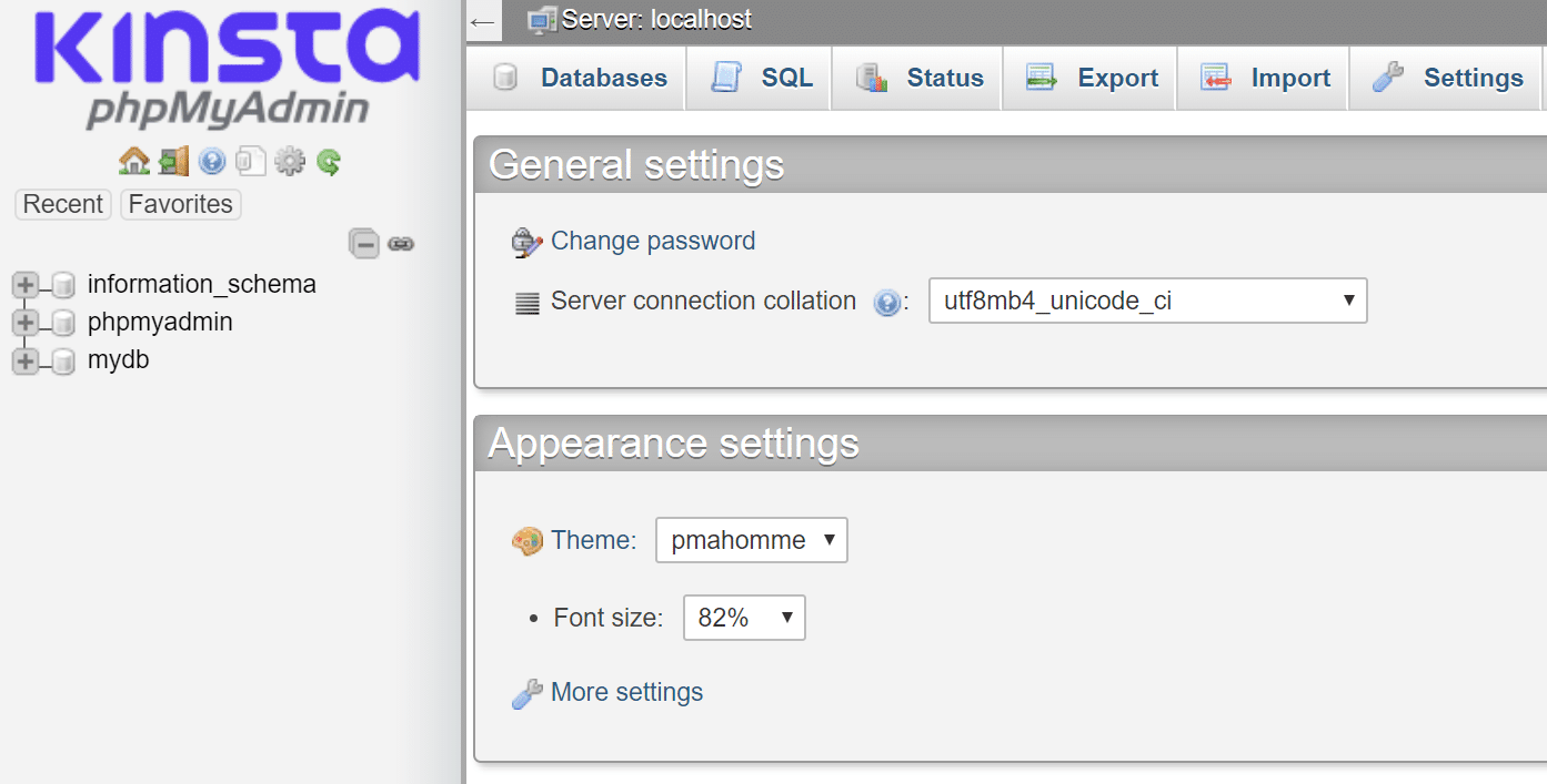 phpMyAdmin dashboard