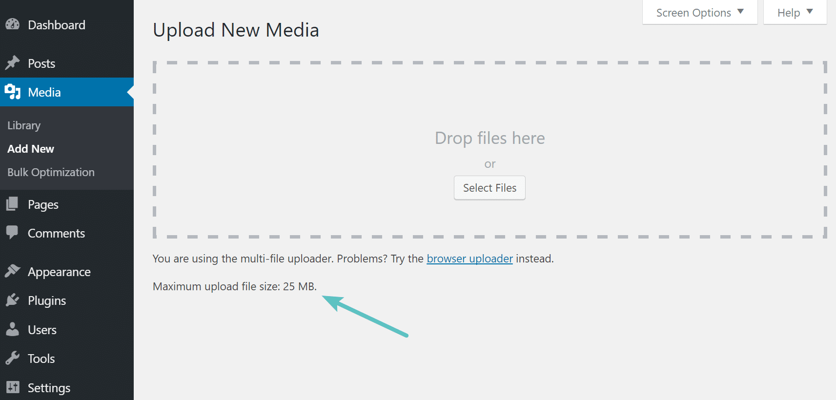 Überprüfung der maximalen Upload-Dateigröße in WordPress