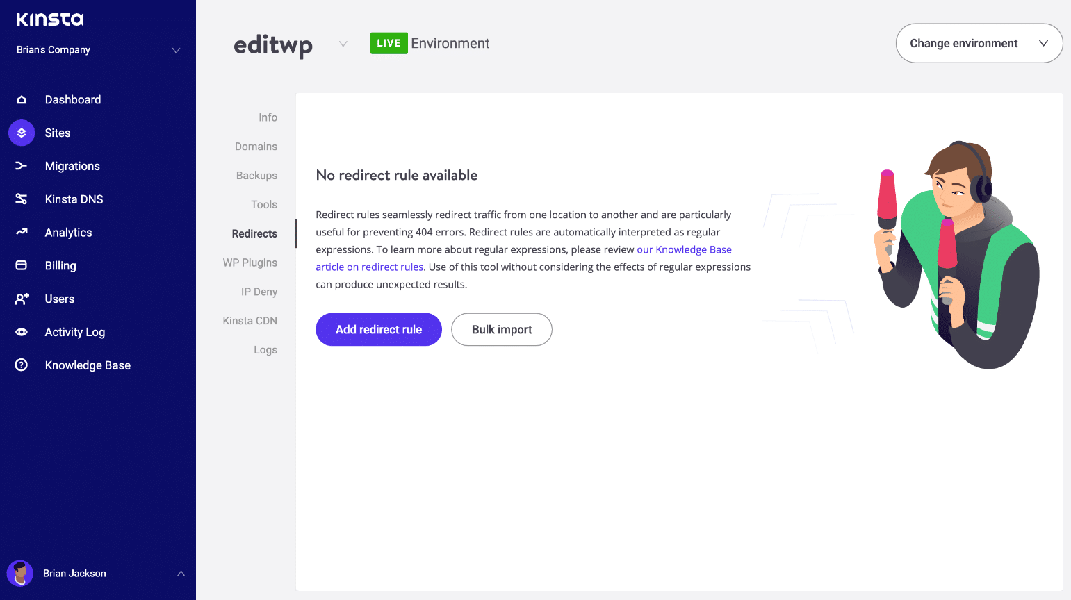 Fügen Sie in MyKinsta Weiterleitungsregeln hinzu