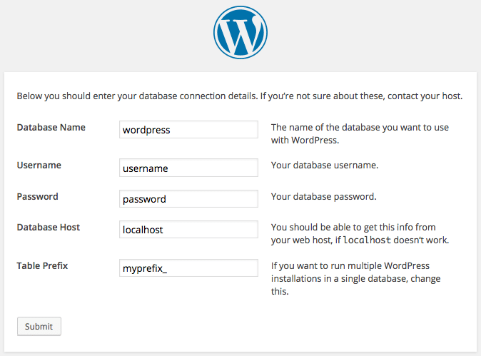 Wenn du die Einrichtung durchführst, musst du Daten eingeben, die in der Datei wp-config.php gespeichert sind