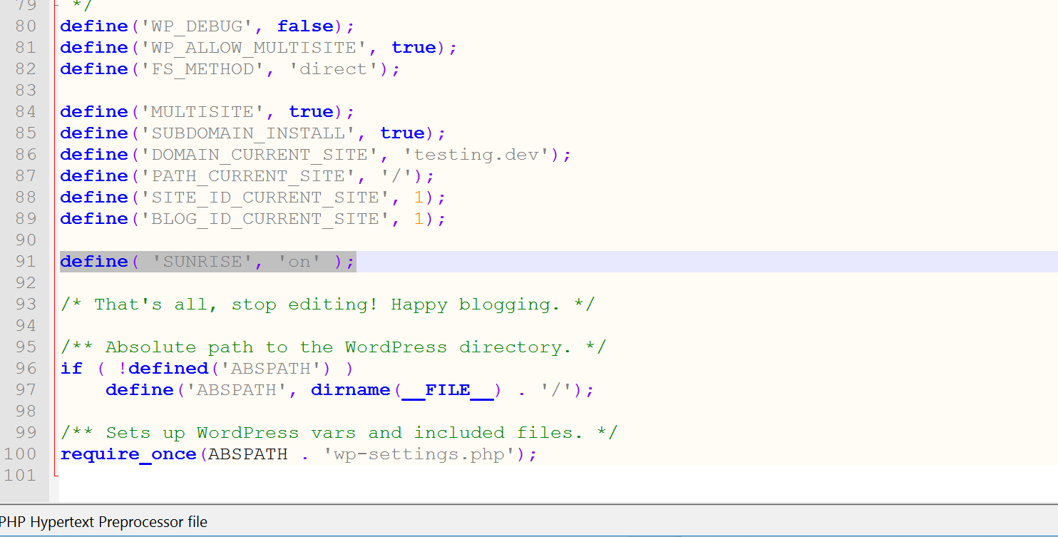 Konfiguriere sunrise in der Datei wp-config.php