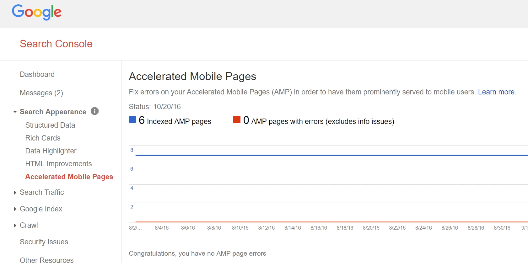 Accelerated mobile pages Bericht in der Google Search Console