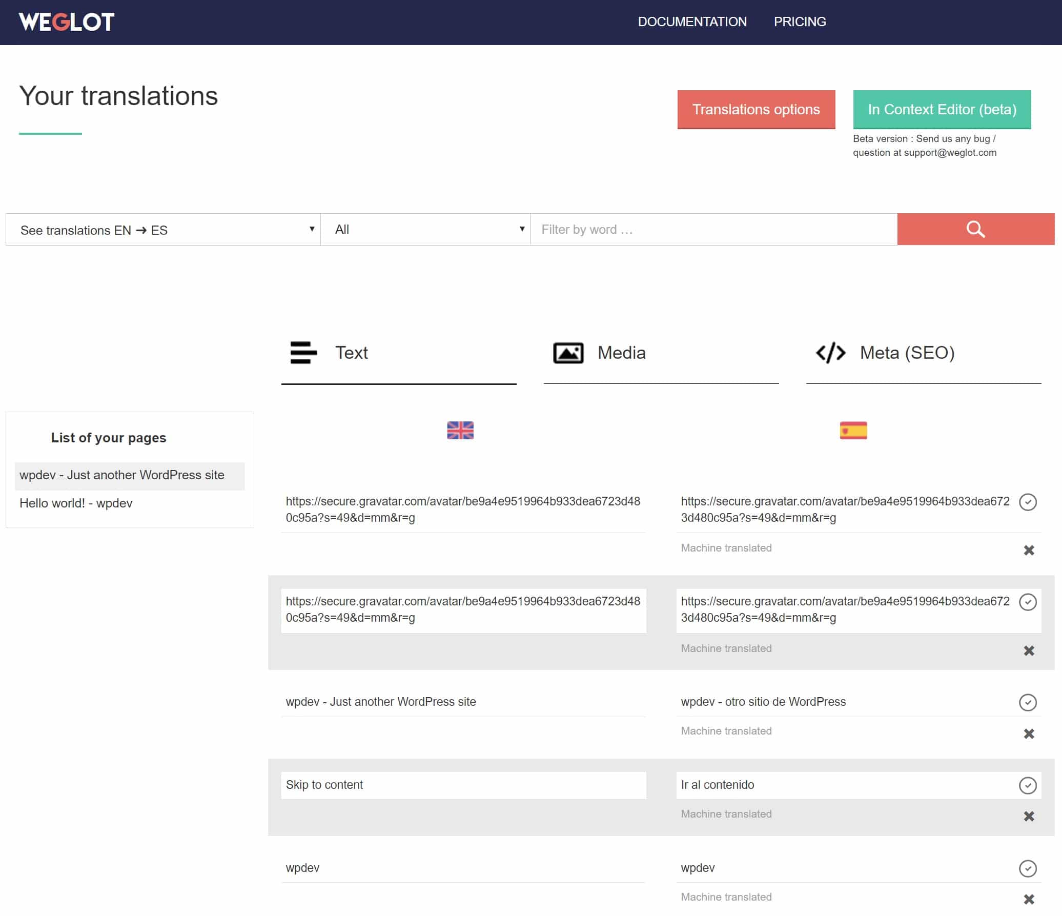 Weglot Übersetzungs-Dashboard