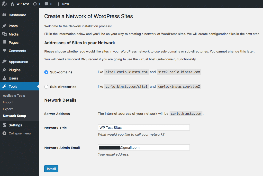 So wählt man Subdomains während der WordPress Multisite-Installation aus