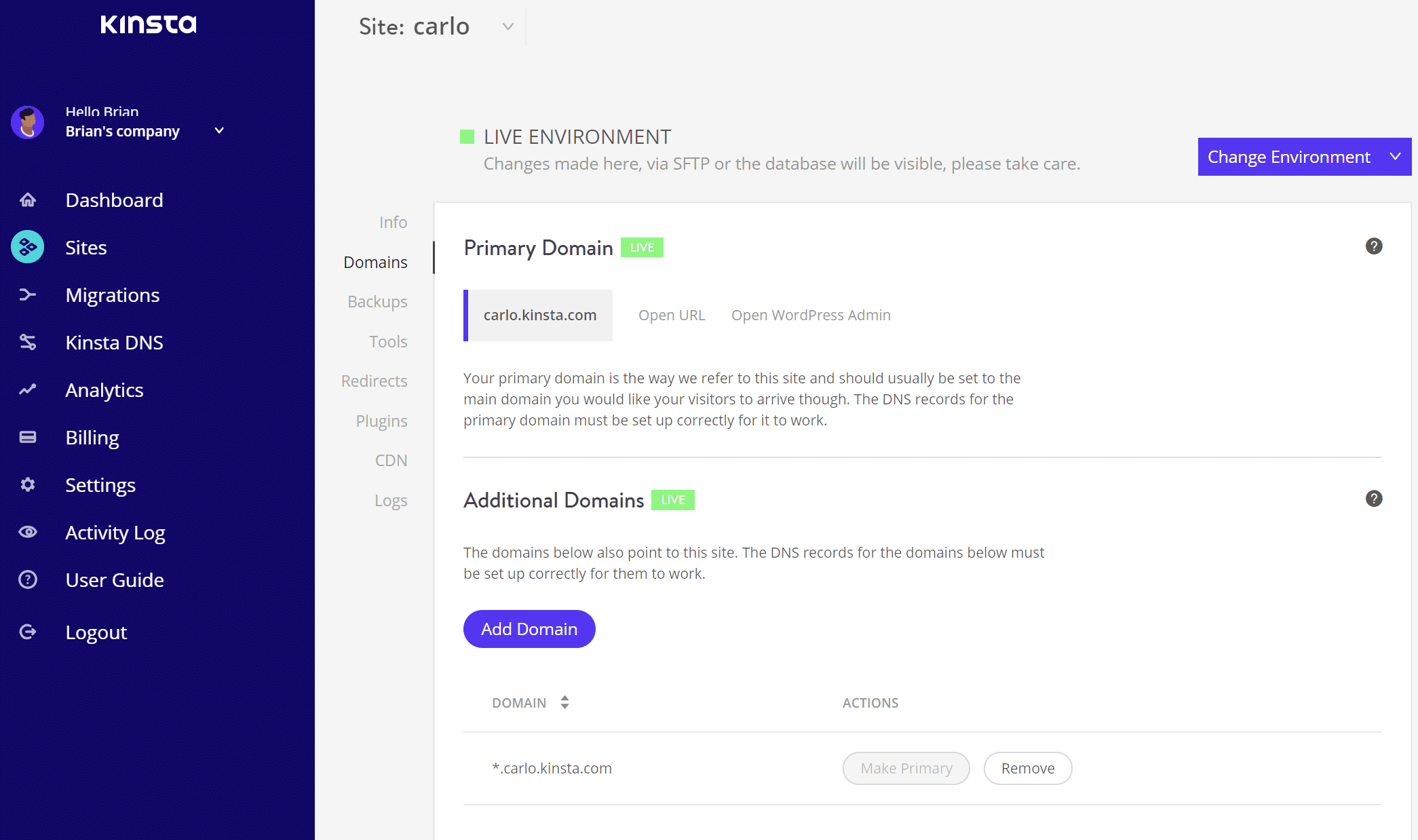 Subdomains im MyKinsta Dashboard