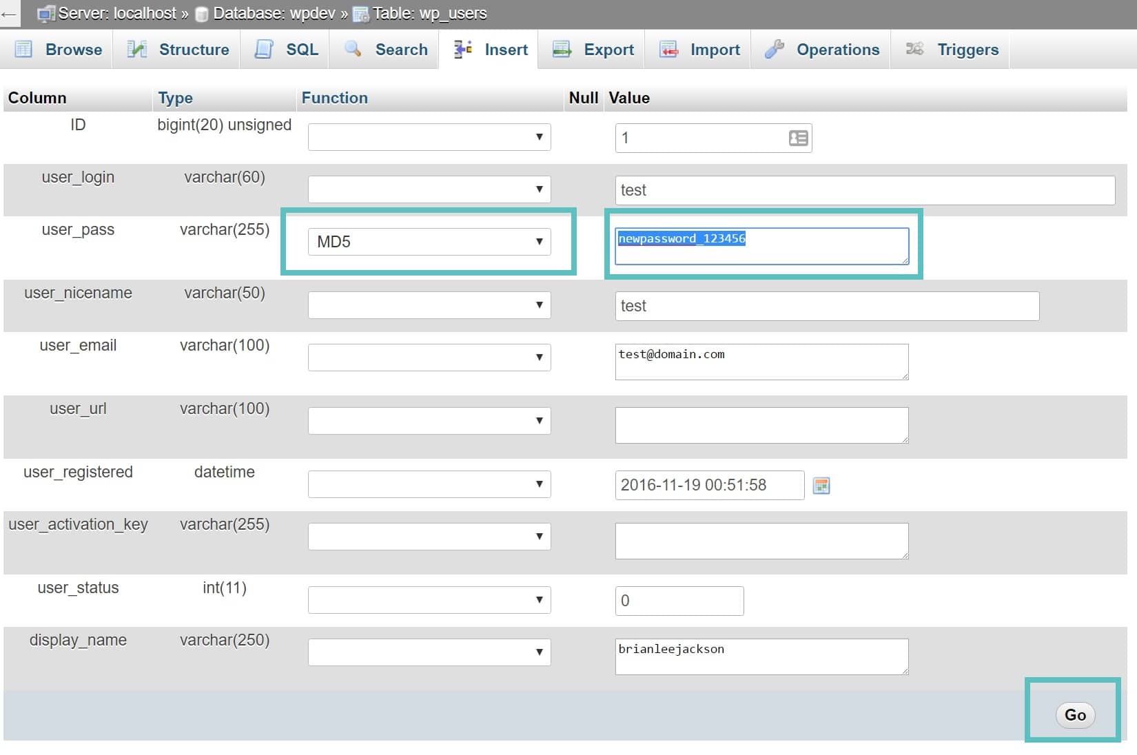 Neuer user_pass Wert phpmyadmin
