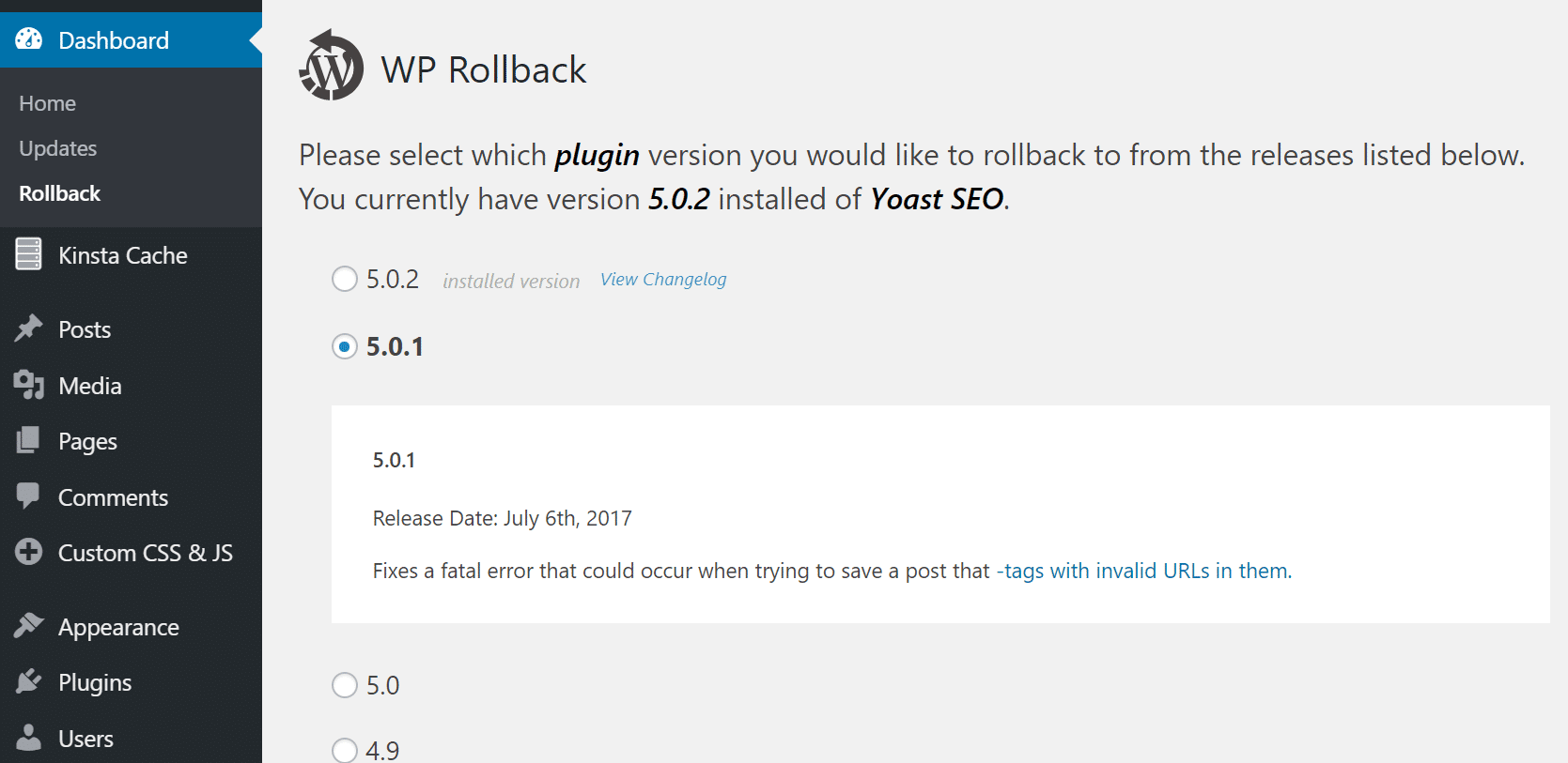 Wähle die WordPress-Plugin-Version für das Rollback aus