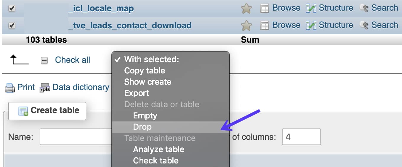 Drop Tabellen in phpMyAdmin