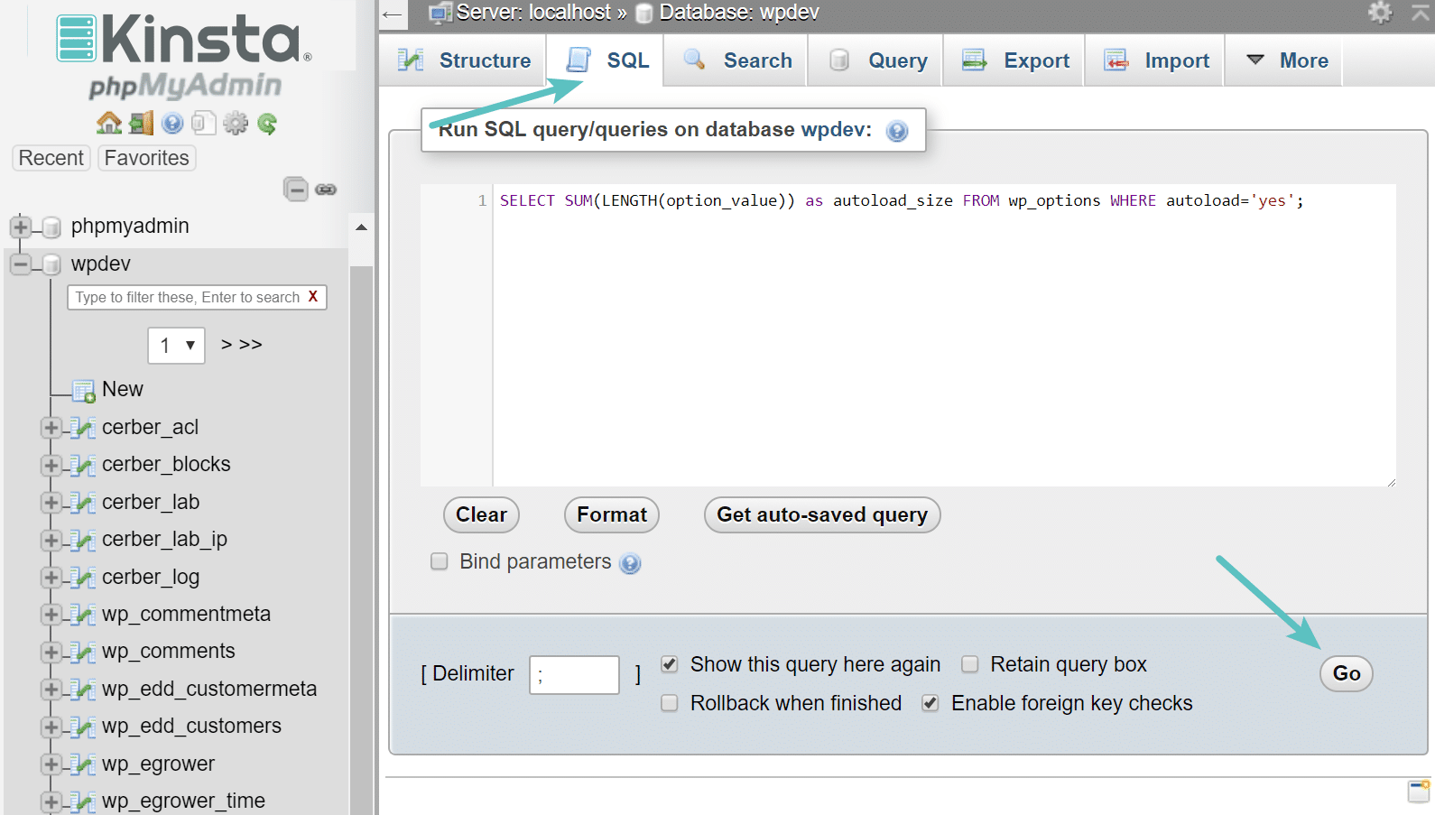 Autoload-Größenabfrage in phpMyAdmin