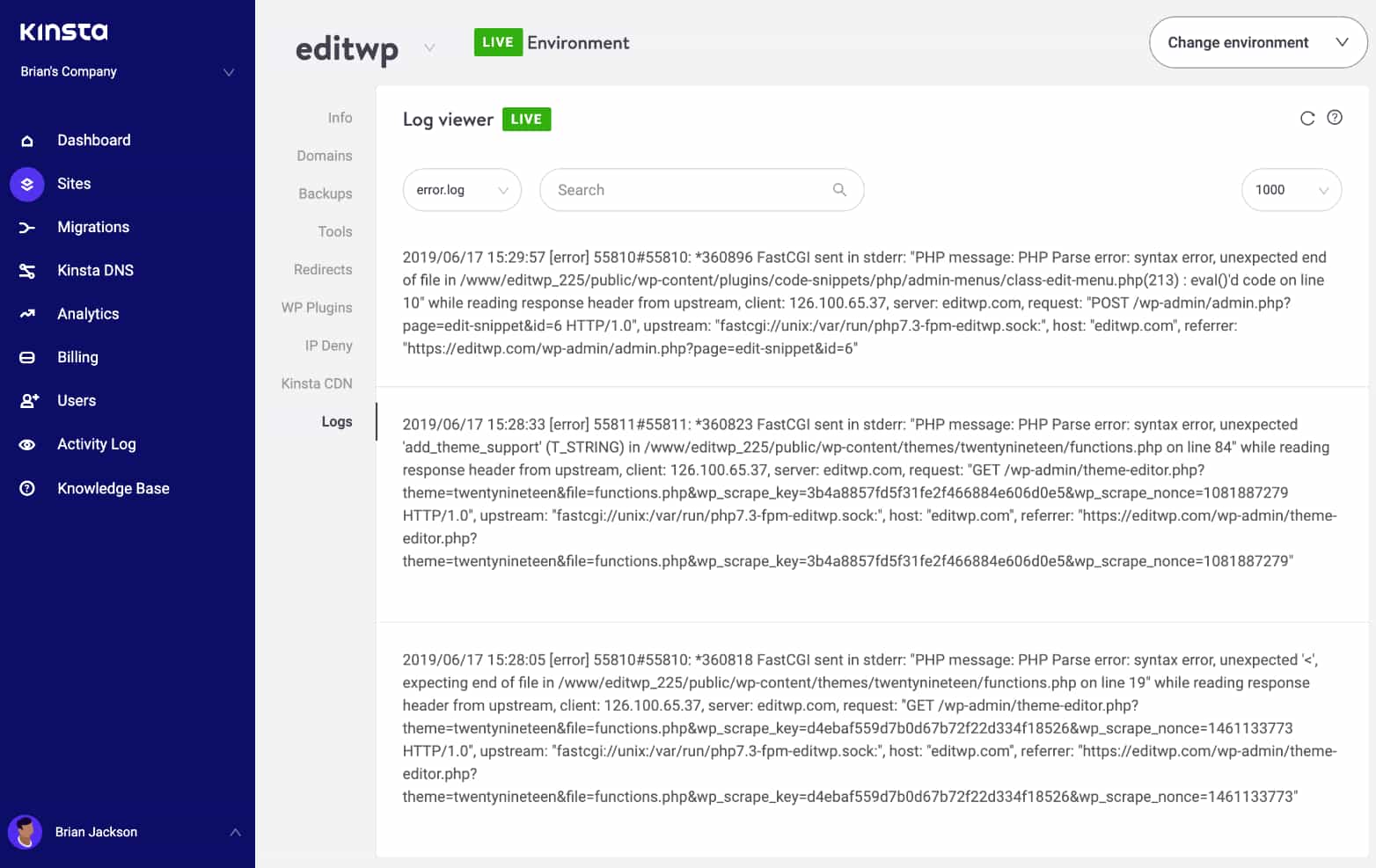 Check Error-Protokolle für 502 Bad Gateway Errors