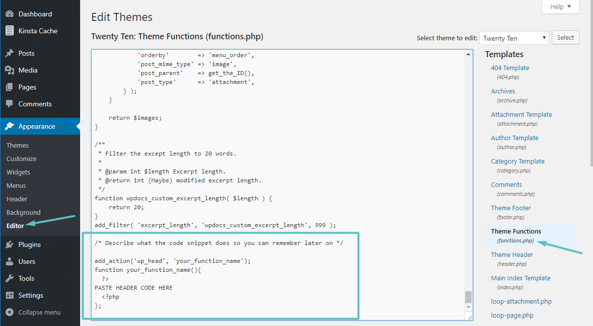 Code zur functions.php Datei hinzufügen