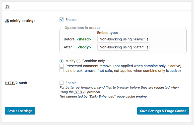 W3 Total Cache JavaScript-Minimierungseinstellungen